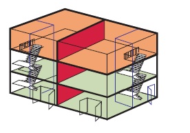 （イラスト）階段が2つある場合でも、間仕切り等により1つの階段しか利用できない場合の建物